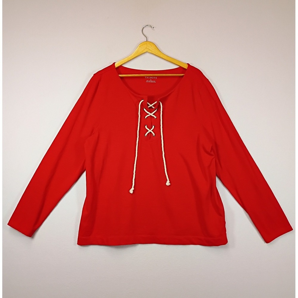 Nautical Coastal Talbots Women XL Red Lace Up Rope Detail Long Sleeve Cotton Top